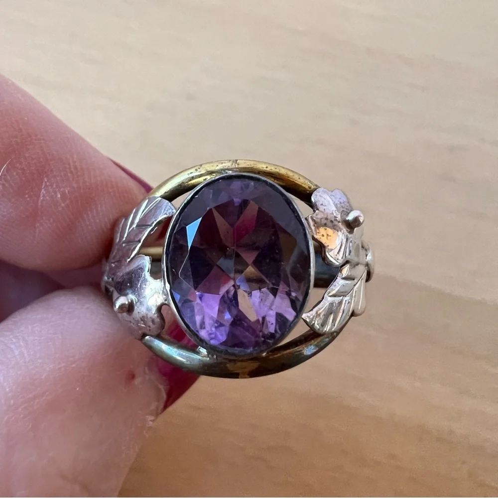 VINTAGE AMETHYST RING 925 STERLING SILVER TRI COLOR